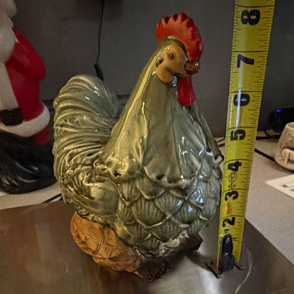 Ceramic Rooster Chicken Figurine Green Glaze Red Comb Approx 8 in Tall